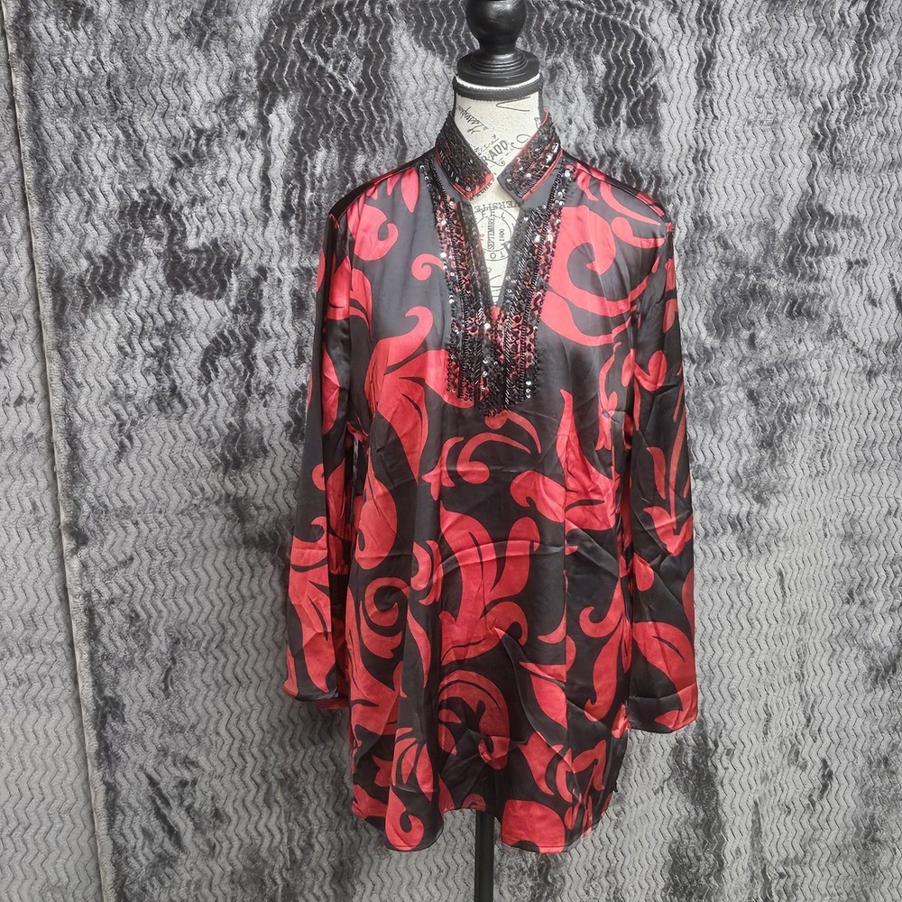Chicos Red Allure Scroll Embellished Tunic Top‎ Womens 2/US 12 Holiday Festive